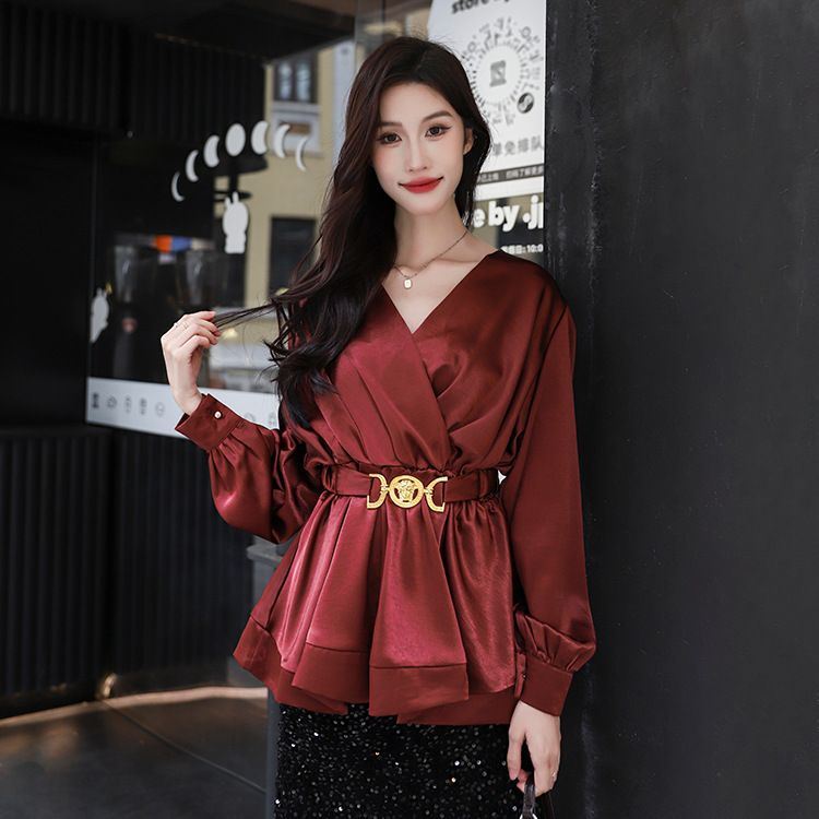 Elegant Pure Desire Ancora Red Satin Blouse With Belt Waist-Cinching French Light Lady Acetate Shirt_voghion.com