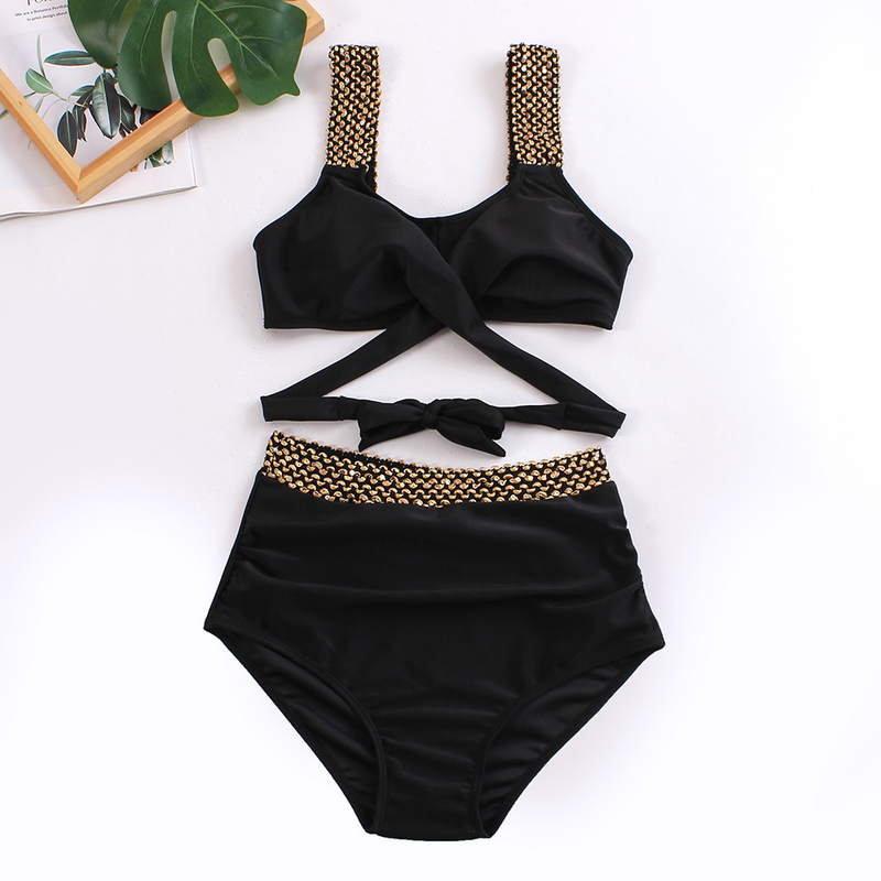 Women's backless high waist swimsuit covers the belly with gold elastic_voghion.com