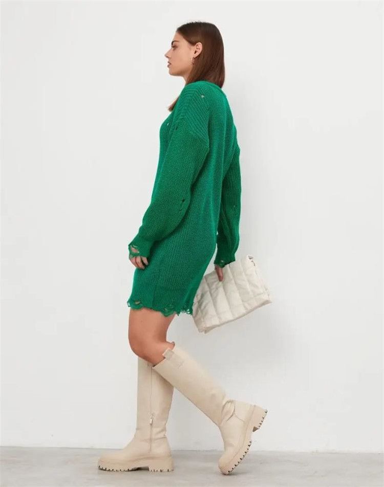 Loose solid color perforated sweater, mid to length, autumn/winter 2024 new item, round neck pullover, long sleeved_voghion.com