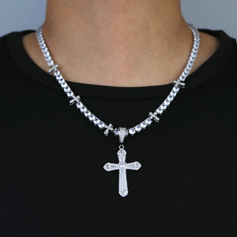 Novo 5mm Single Row Tennis Chain Coração Em Forma de Zircão Cruz Colar Hip Hop Rap Jóias Masculinas_voghion.com