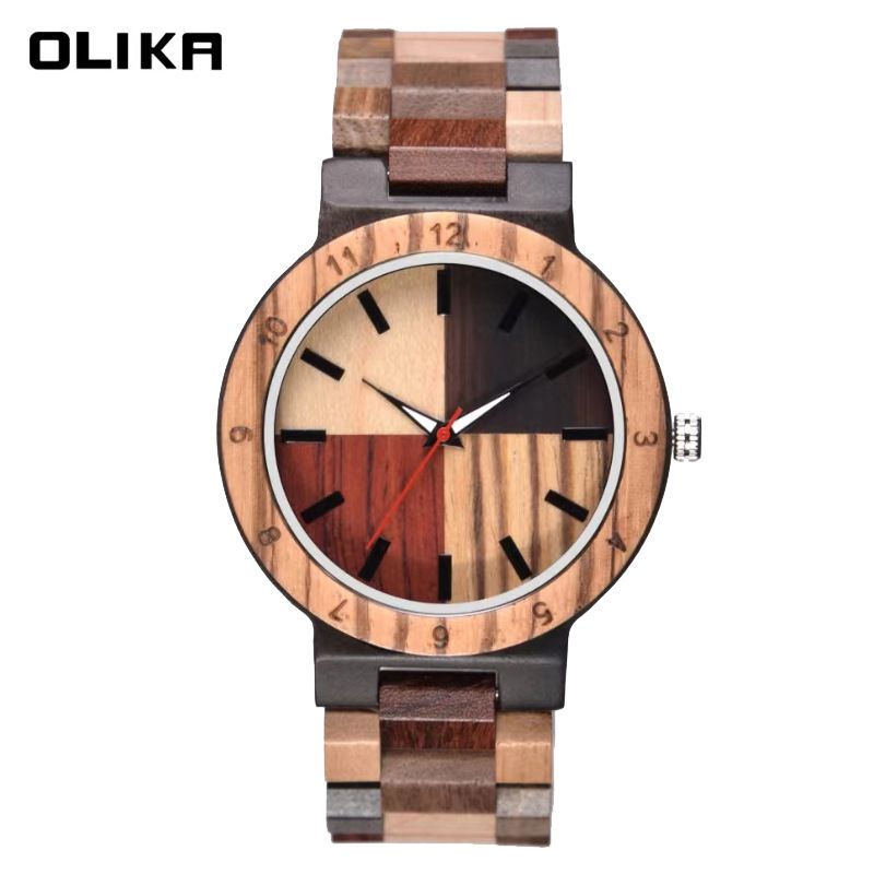 Heißer Verkauf Unisex Leuchtende Kreative Vier-Farben-Nähte Mode Quarz Holz Uhr_voghion.com