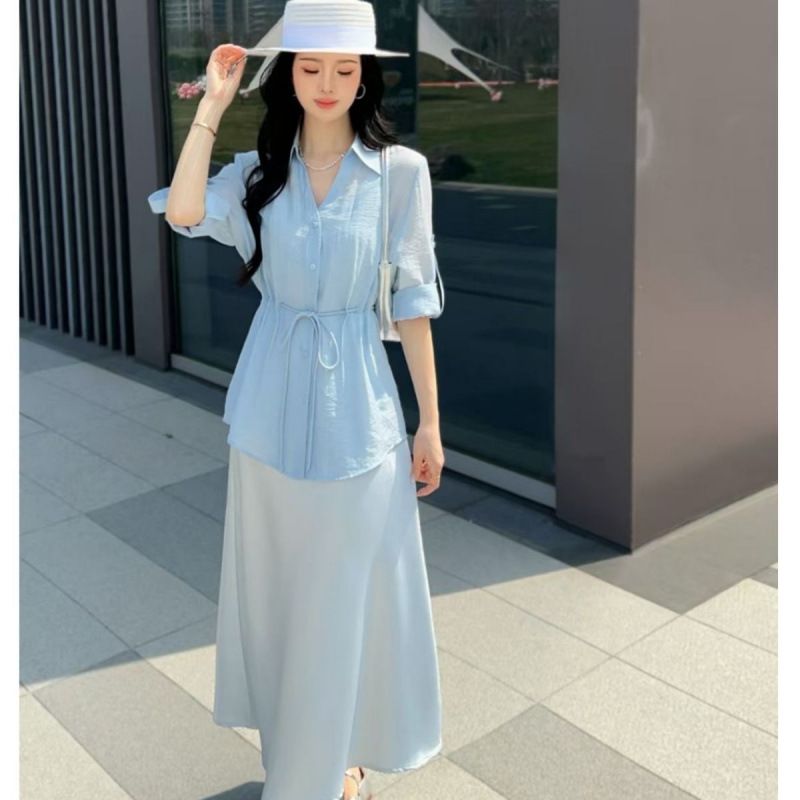 Completo due pezzi da donna con camicia in tencel coprente e abito con spalline in raso, nuovo stile primavera estate_voghion.com