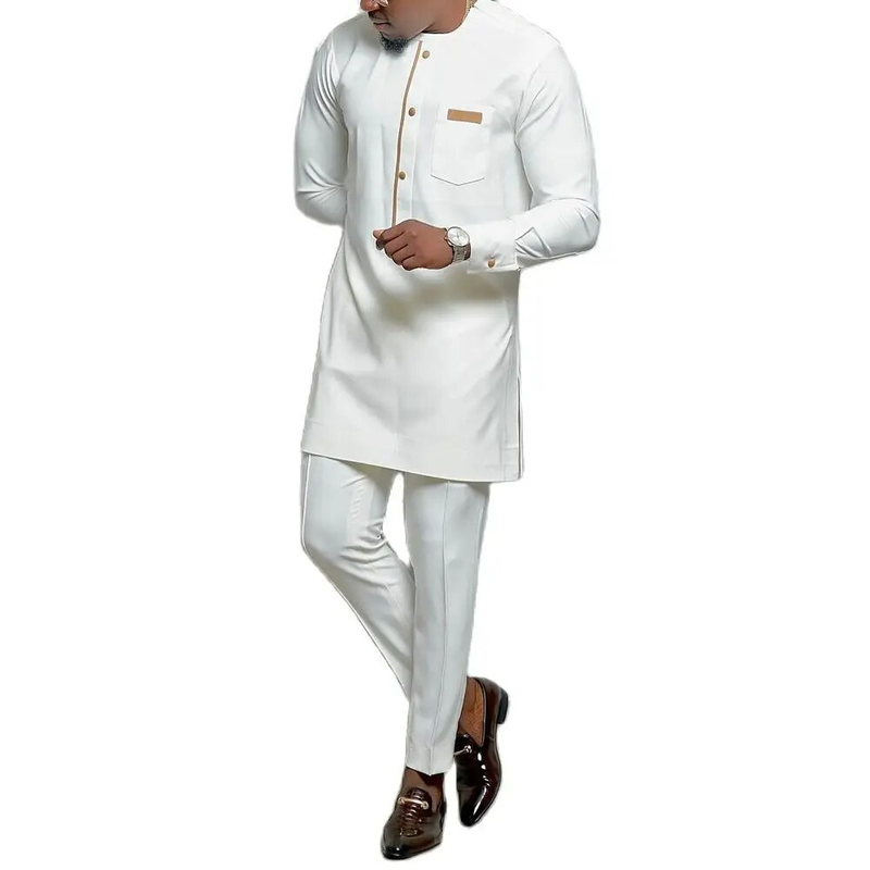 Kaftan Elegant Afrikansk Sett 2-delt Antrekk Langermede Etniske Topper og Bukser Full Herredress Bryllup Herreklær_voghion.com