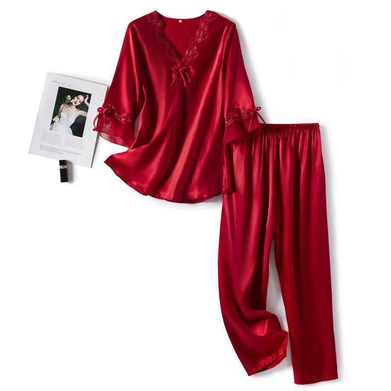 Pijamas femininos tamanho grande primavera e outono fino manga três quartos pijamas de seda bordado renda conjunto de duas peças roupas femininas para casa_voghion.com