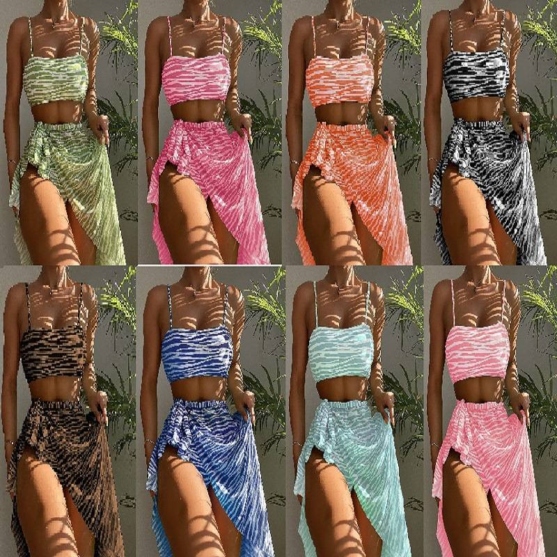 Conjunto de bikini sexy de 3 piezas para mujer: top de triángulo con cuello halter clásico y braguita de cintura alta con transparencias, lazos ajustables y protección UV._voghion.com