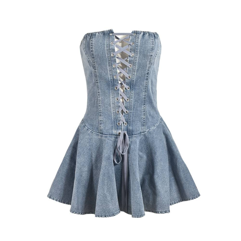 Abito da donna in denim elasticizzato con cerniera, top a tubino con lacci, spalline trasparenti sexy, gonna corta con volant_voghion.com