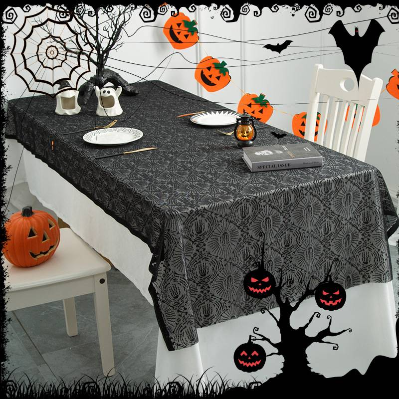 Nappe d'Halloween nordique - Motif tête de mort et toile d'araignée, 100 % polyester, antidérapante (100 x 100 cm à 152 x 366 cm)_voghion.com