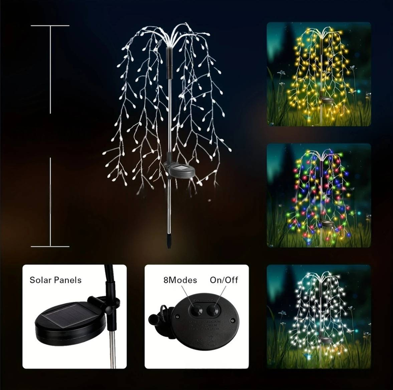 Solar Firecracker LED String Lights – IP65 Waterproof Outdoor Decorative Lights (120/200/300 LEDs, Foldable Pole, 8 Modes, Warm White/Color Changing)_voghion.com