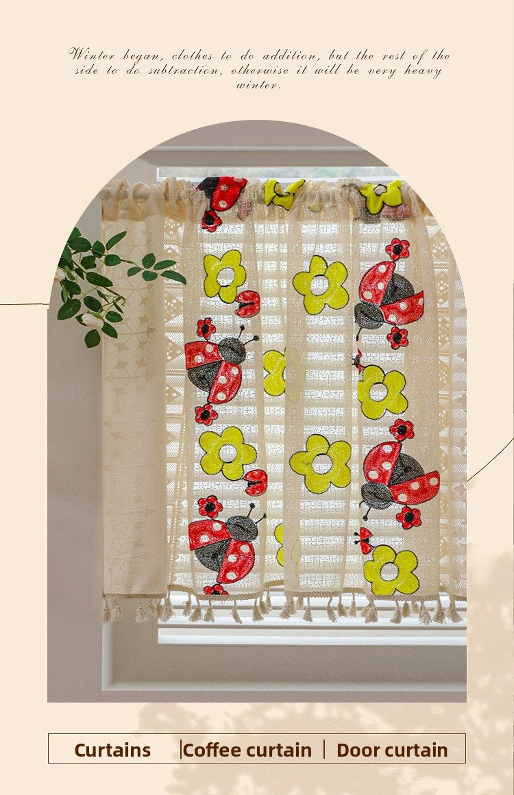 Polyester Embroidered Lace Café Curtain – Whimsical Butterfly, Beetle & Mushroom Designs, 140x60cm/140x100cm, Rustic Farmhouse Style_voghion.com