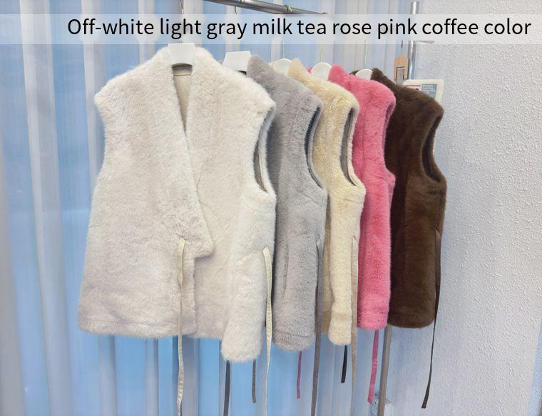 Kunstpelzweste für Damen, Wintermode, umweltfreundliche Weste mit Fleecefutter und Gürteldesign – mehrere Farben (Beige, Weiß, Rosa, Braun, Schwarz, Grün)_voghion.com