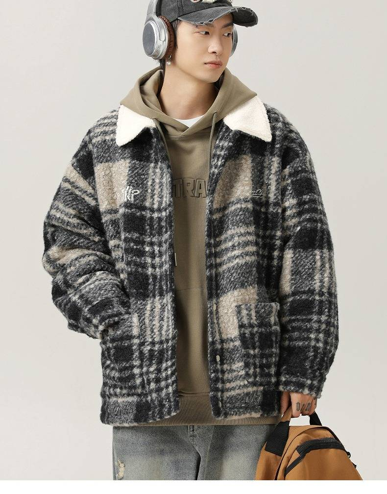 Retro-Colorblock-Jacke aus Wollmischung – Übergroße Buchstabenstickerei und kariertes Futter (Schwarz/Weiß, Grau/Blau, Marineblau/Weiß)_voghion.com