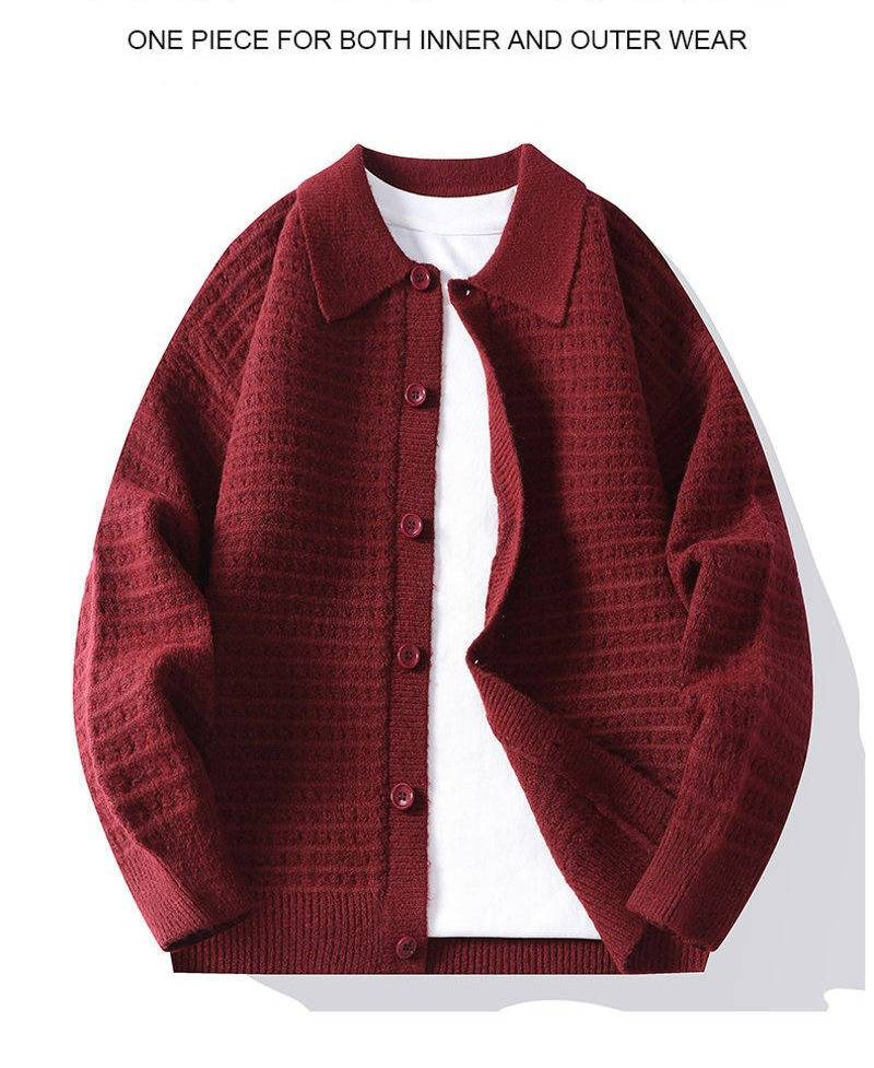 Cardigan en tricot pour homme - Pull ample à manches longues et col ras du cou pour une tenue décontractée (gris, noir, rouge, marron)_voghion.com