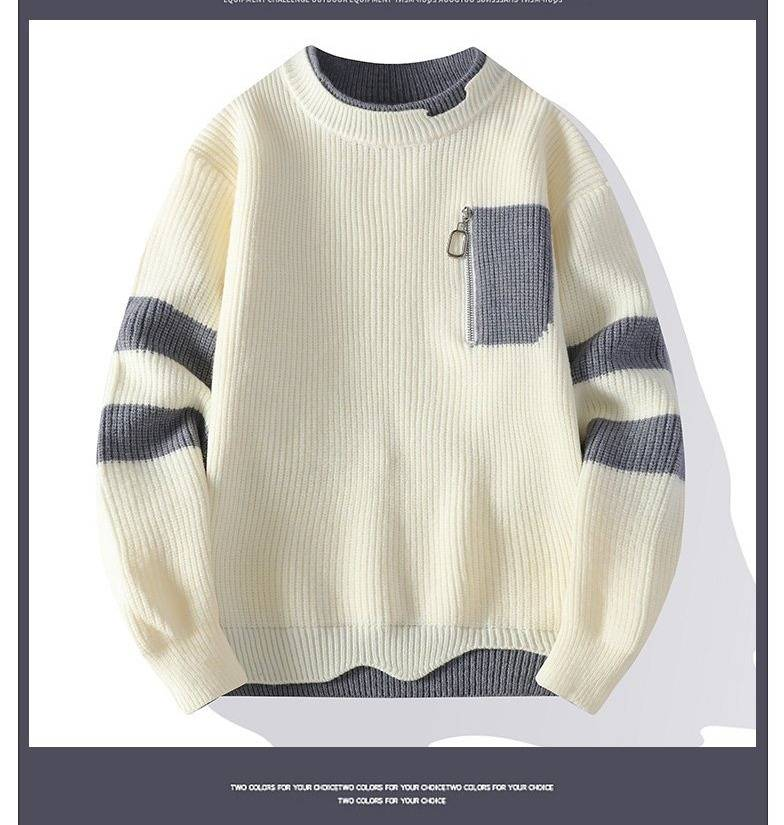 Pull en maille color-block pour homme - Pull d'hiver décontracté à col rond, coupe ample et épaisse avec empiècements contrastés tendance_voghion.com