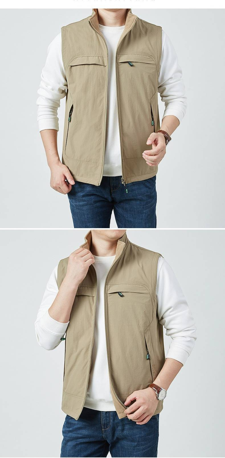 Colete reversível de lã polar para homem – Jaqueta puffer sem mangas quente de inverno com gola alta e vários bolsos (M-5XL)_voghion.com