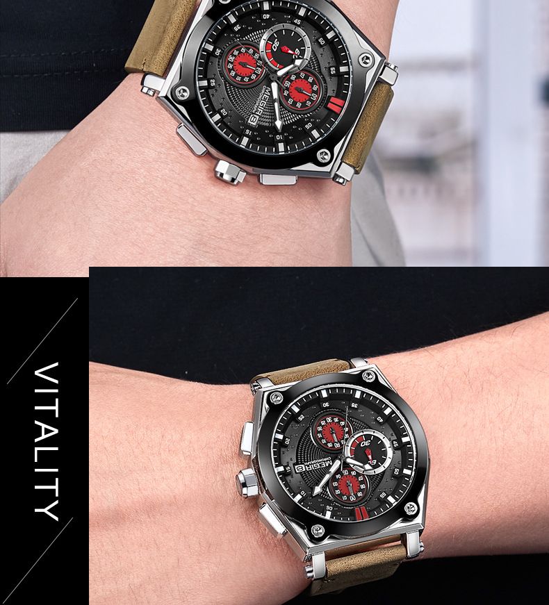 Orologio sportivo da uomo MEGIR in vera pelle con cronografo, resistente all'acqua, luminoso, multifunzione, design elegante_voghion.com