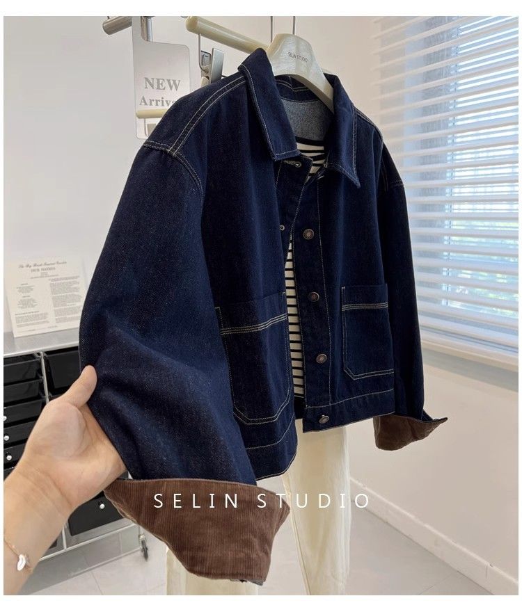Giacca in denim oversize da donna - Stile boyfriend retrò, blu scuro, vestibilità comoda, cappotto casual unisex per l'autunno_voghion.com