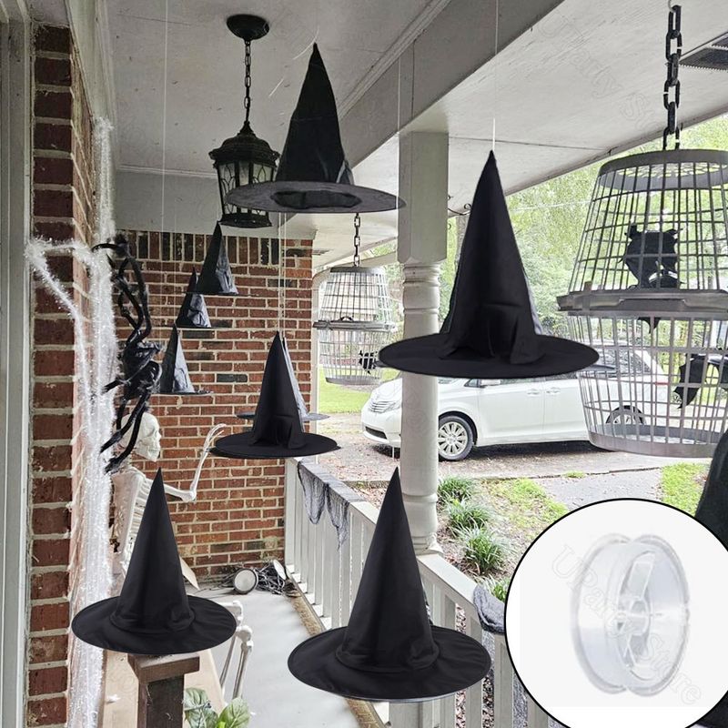 6/12Pcs Halloween Black Witches Hats With Rope Hanging Wizard Hats Bulk For Home Outdoor Porch Halloween Decoration Party Favor_voghion.com