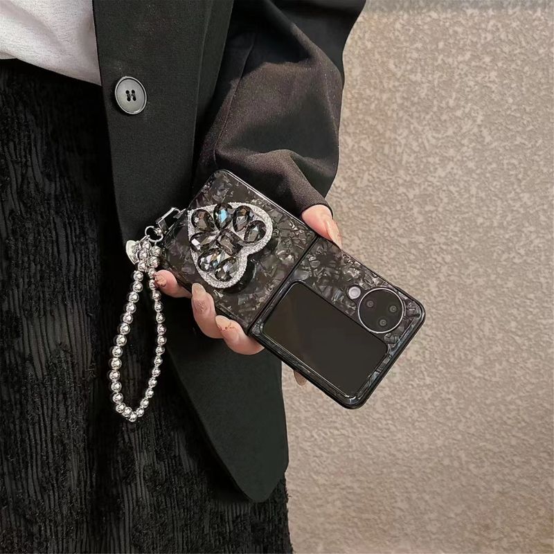 For Oppo Find N2 N3 Flip Luxury Shell Diamond Stone Crystal Heart Holder Stand Wrist Chain Strap Phone Case Cover_voghion.com
