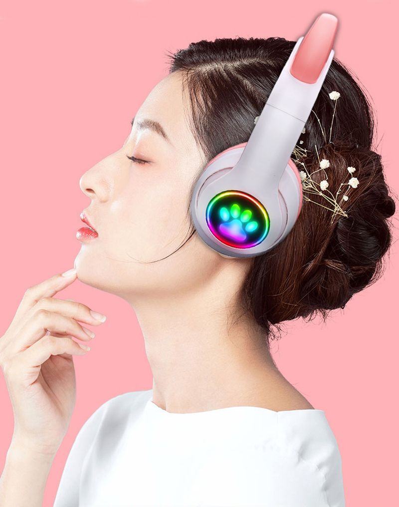 Cuffie wireless con orecchie di gatto rosa, compatibili con Bluetooth, auricolari stereo pieghevoli con microfono, musica per bambini_voghion.com