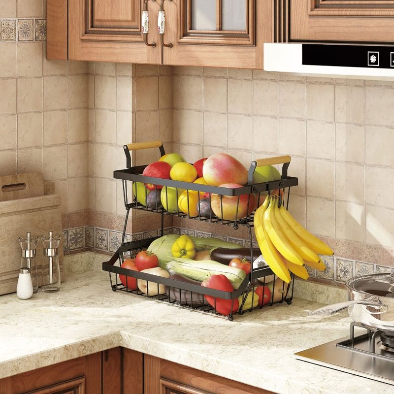 2 Kitchen Tier Farmhouse Basket Countertop Detachable With Storage Side Bread Hooks Bowl Vegetable Fruit Basket Metal For Fruit_voghion.com
