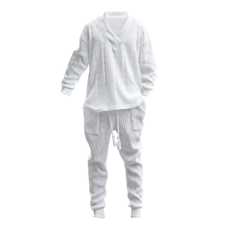 2 Fashionable Men's Casual Trousers V-neck Versatile Jacquard Knitted Sweater Men's Autumn Suit_voghion.com