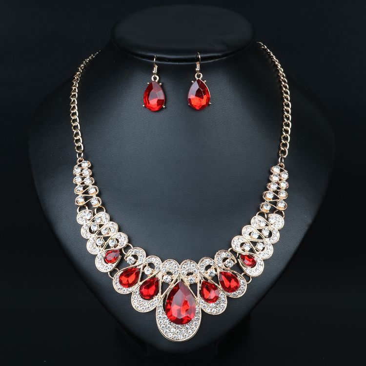 Collana corta da donna con decorazione in cristallo esagerato, collana colorata con catena a clavicola, orecchini, set di accessori per banchetti_voghion.com