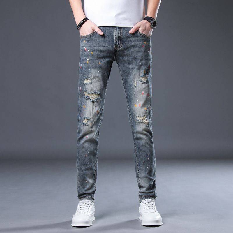 Painted trendy elastic youth distressed jeans slim fit spring/summer small leg denim men's pants_voghion.com