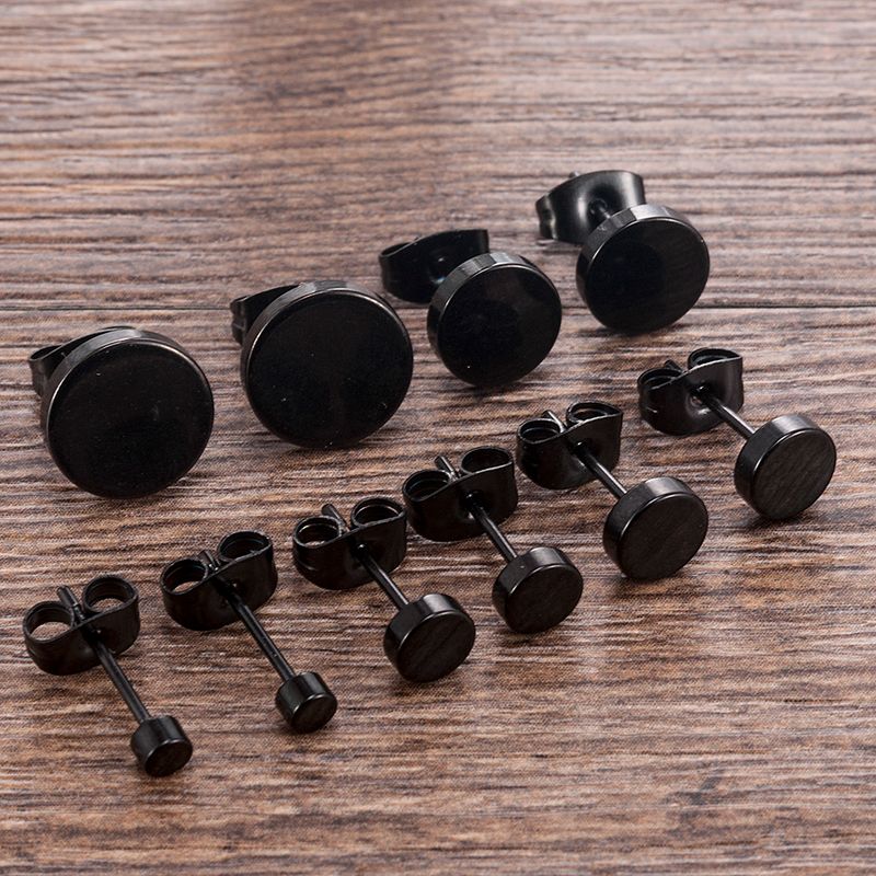 Moda Donna Uomo Nero Rotondo Acciaio Inossidabile Semplice Orecchini a Bottone 5 Dimensioni Punk Orecchino Gioiello_voghion.com