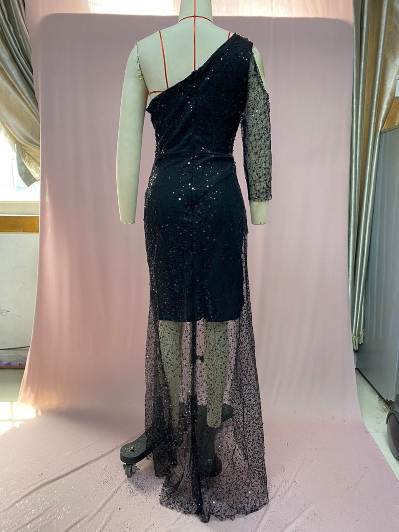 Damenbekleidung Damen verträumtes Partykleid in Partyqualität mit sexy Schlitz und langen Ärmeln und Pailletten für Bankettabend_voghion.com