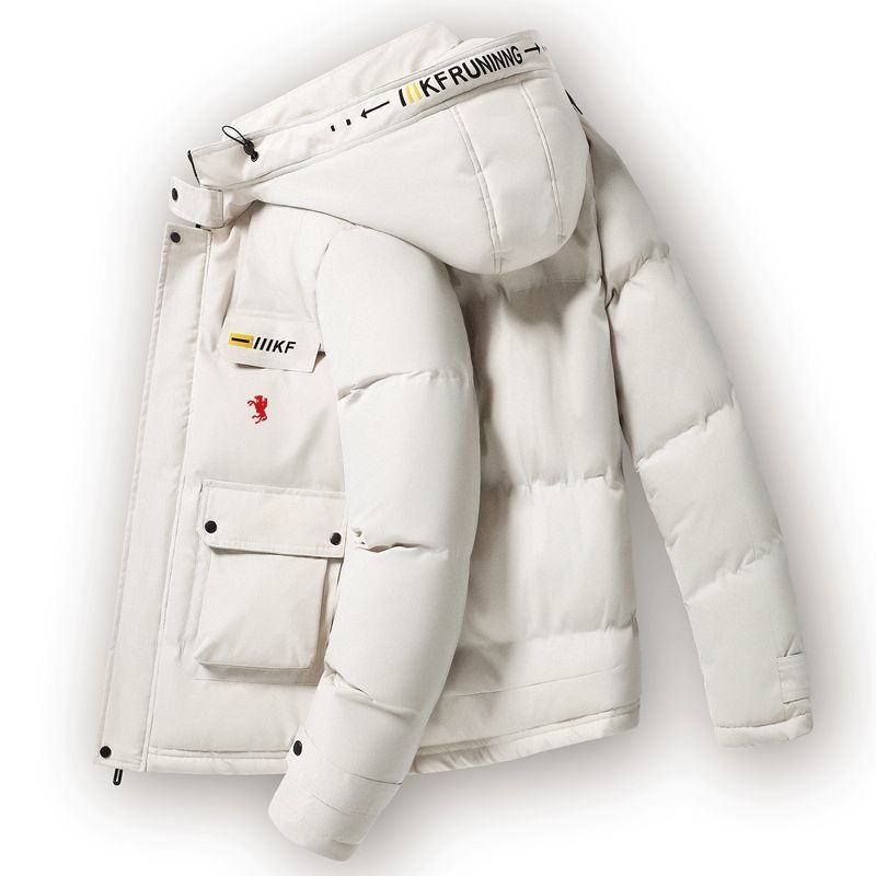 Unisex Vintage Pony Print Hooded Winter Coat - Thickened Polyester Fleece Jacket With Retro Streetwear Style (Black, Ivory White)_voghion.com