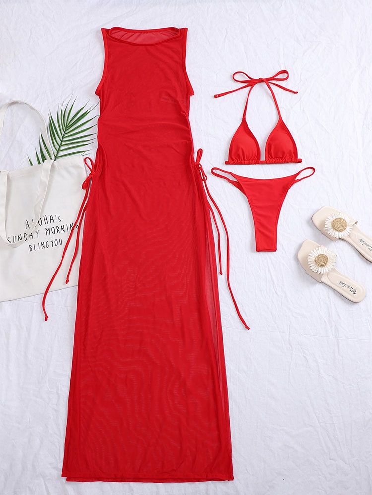 Women's Clothing New Swimsuit Bikini Three Piece Set Sexy Multi Color Mesh Blouse Beach Swimsuit_voghion.com