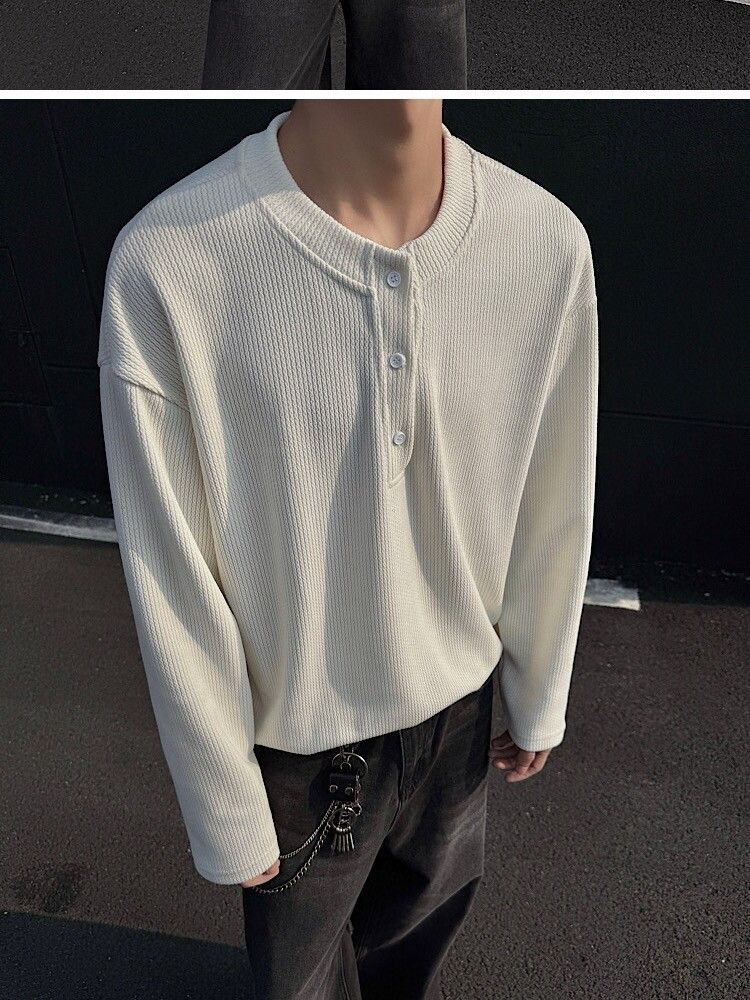 Herrenbekleidung Strukturiertes Langarm-T-Shirt Mehrlagiges Sweatshirt Einfarbiges Unterhemd_voghion.com