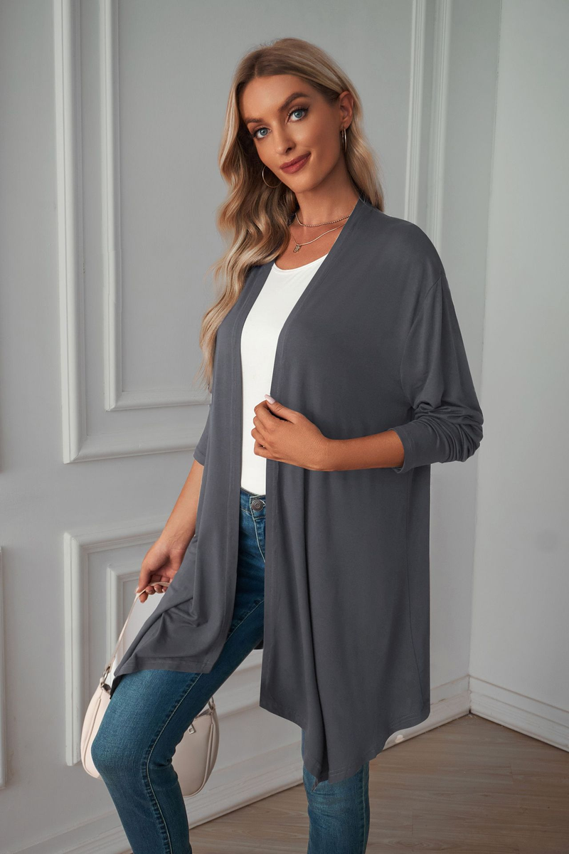 Damen-Strickjacke, einfarbig, langärmelig, Mantel, langes, lässiges Oberteil_voghion.com