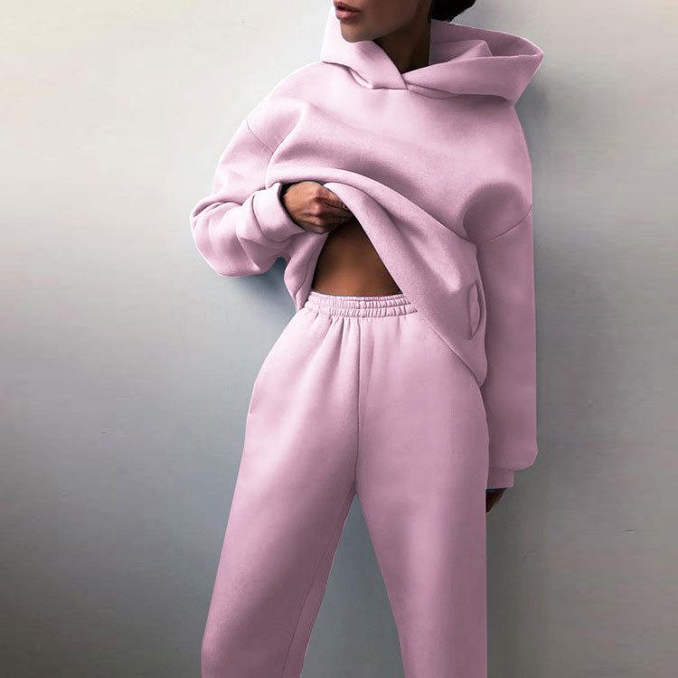 New women's autumn hoodie set solid color casual fashion sports pants two-piece set_voghion.com