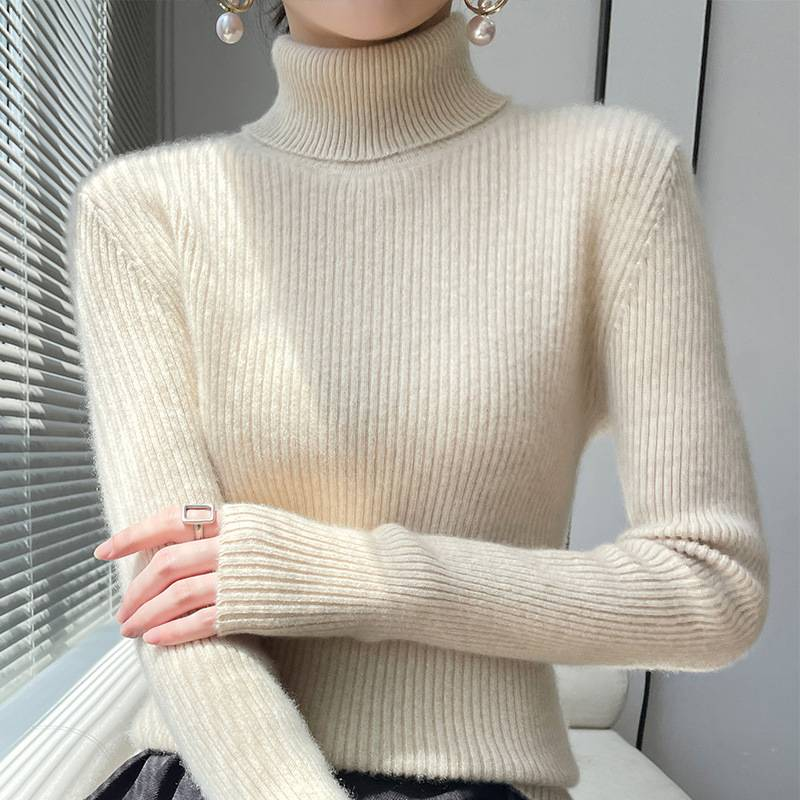 Damenbekleidung Rollkragenpullover mit Mantel Herbst und Winter neue Slim Fit Langarm-Innenbekleidung Wollstrick verdicktes Unterhemd_voghion.com