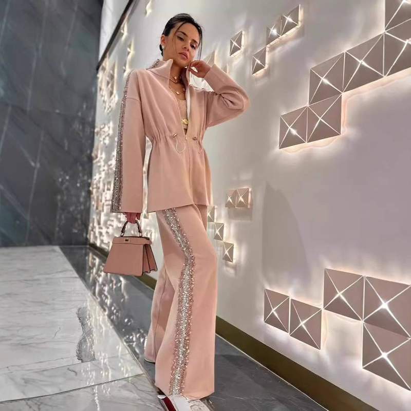 Damenkleeder Spot Hierschtmoudesch Top mat Schnür an der Taille, Breetbeenhosen, Zwee-Stéck-Set_voghion.com