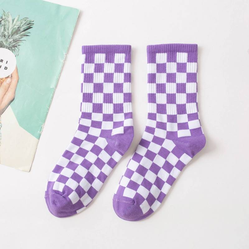 6 Pairs--Checkerboard Men's And Women's Fashion Street Brand Mid Tube Academy Style Cotton Skateboarding Socks_voghion.com