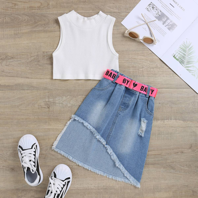 Kids 3-Piece Denim Dress Set With Belt & Striped Vest Top - Soft Cotton Blend Outfit For Girls 3-8 Years Trendy Casual Wear_voghion.com
