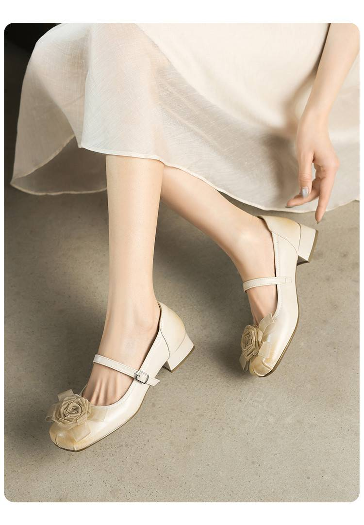 【Soft Sole And Soft Upper】 Cameido Flower Ballet-style Single Shoes For Women, Vintage Thick Heel Mary Jane Shoes With Ankle Strap, 2025 Autumn_voghion.com
