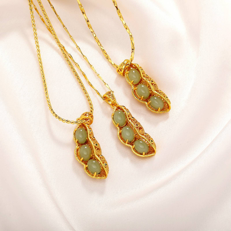 Pendentif en or antique, pendentif en calcédoine verte, pendentif pour femme, collier en forme de pois cacahuète, pendentif incrusté de calcédoine_voghion.com