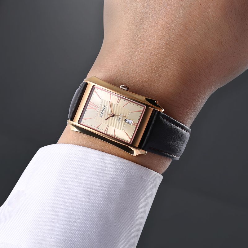 BERNY Men's Leather Watch Vintage Stainless Steel Rectangular Case Roman Dial Dress Analog Watch With Date Waterproof Classic Quartz Wrist Watches_voghion.com