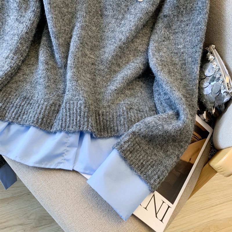 Abbigliamento da donna in stile coreano, camicia a strati e top in maglia, outfit autunnale da donna - grigio, bianco e blu_voghion.com