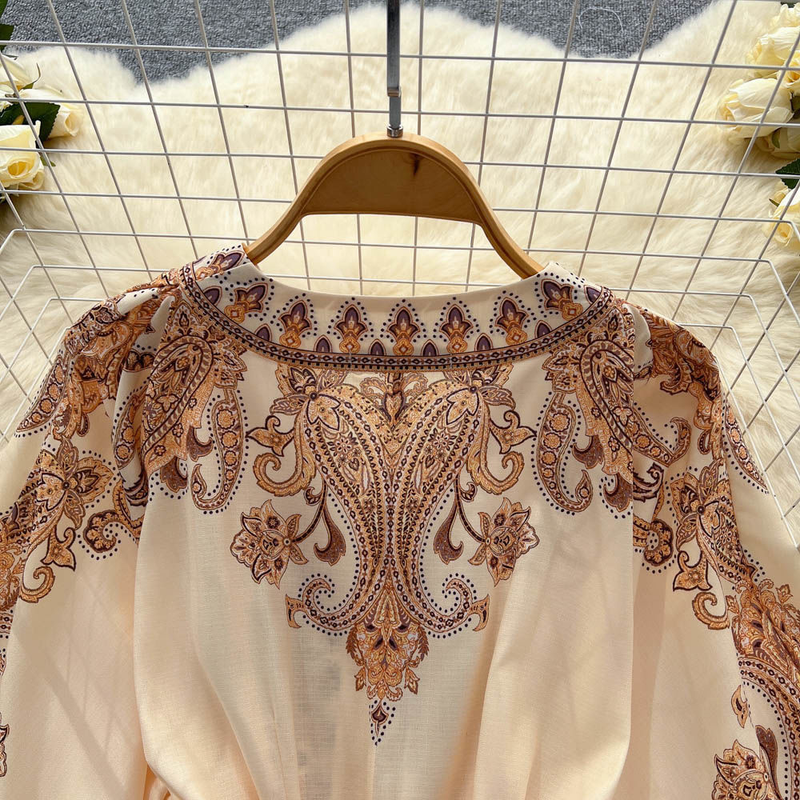 Damen-Retro-Urlaubsstil, V-Ausschnitt, Laternenärmel, Taille, mittellanges, bedrucktes, zierliches Kleid_voghion.com