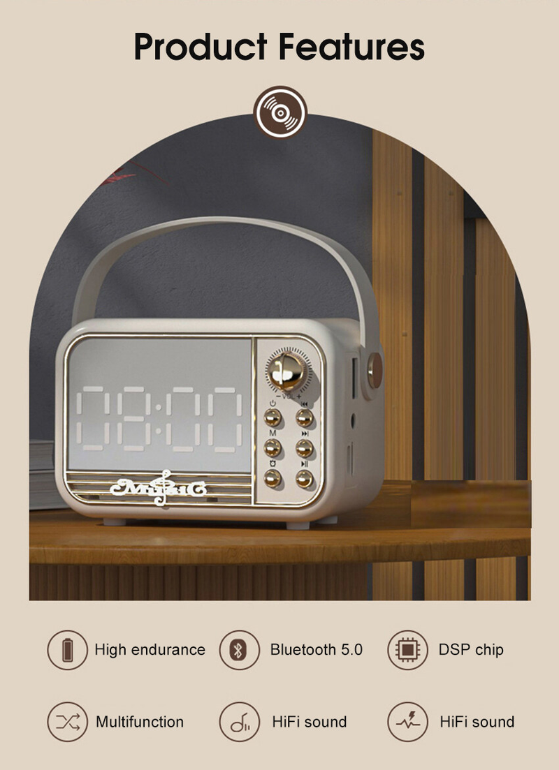 2024 Mini Retro Bluetooth Speaker Wireless Bluetooth Music Player Mirror Screen Digital Alarm Clock Multifunction LED Mirror Bluetooth Speaker TF Car_voghion.com