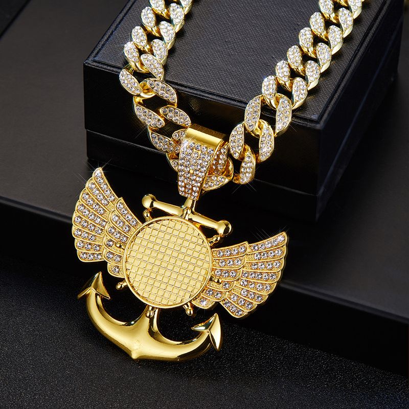 Photo Frame Wings Anchor Full Diamond Creative Design Alloy Rhinestone Cuban Chain Pendant Hip Hop Accessories_voghion.com