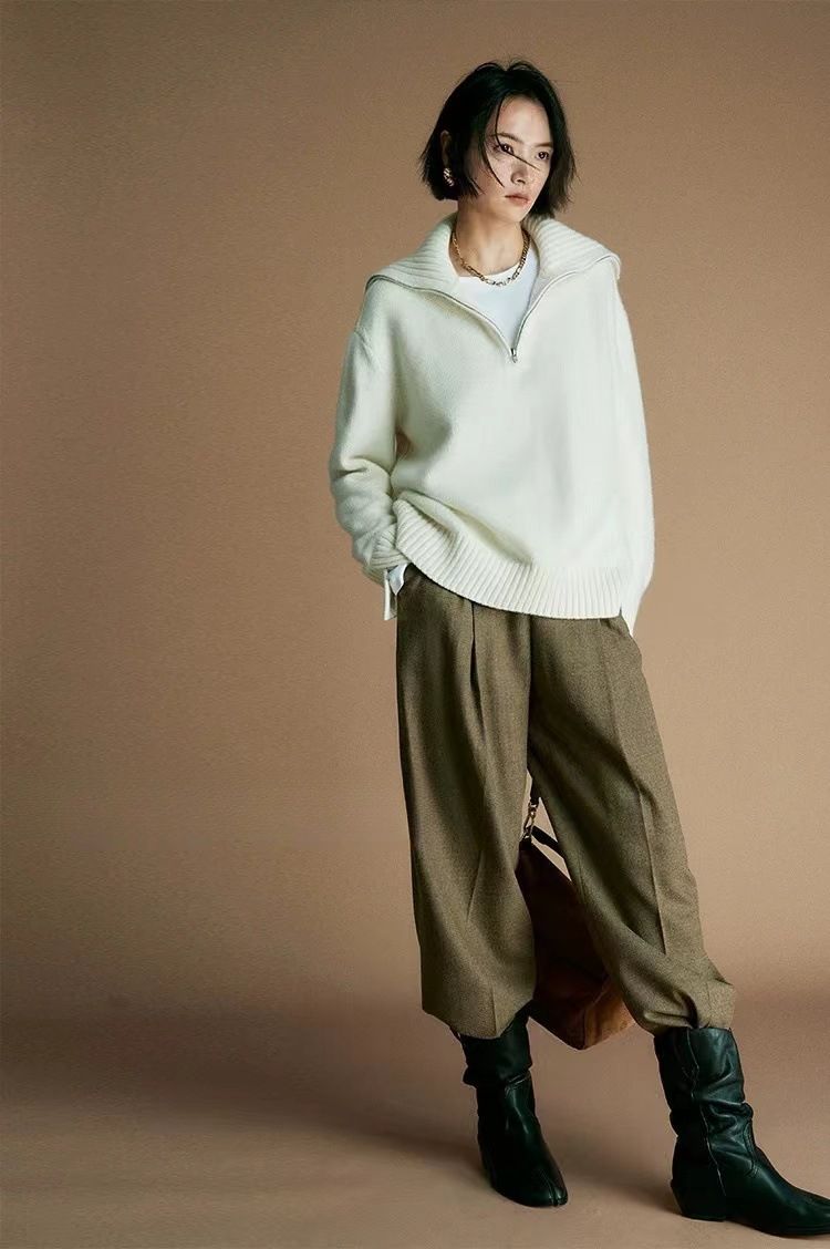 25 Autumn Winter Lazy Wool Women Half Zipper Turn-down Collar Sweater New Thickened Niche Knitted Top Loose Fit_voghion.com