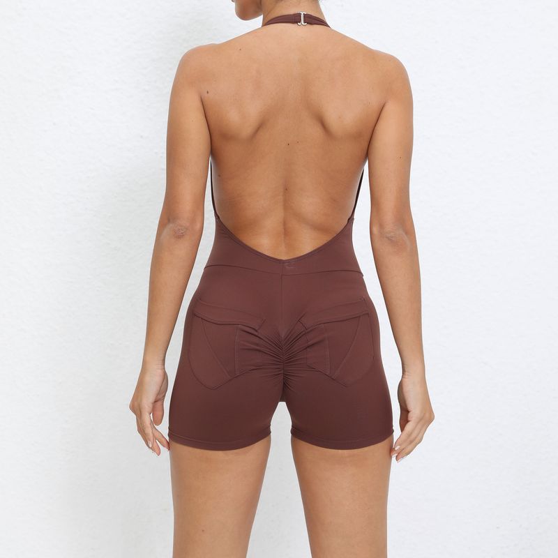 Vêtements pour femmes, couleur unie, poches, col licou, combinaison serrée, sport, fitness, course à pied, combinaison à trois points, short _voghion.com