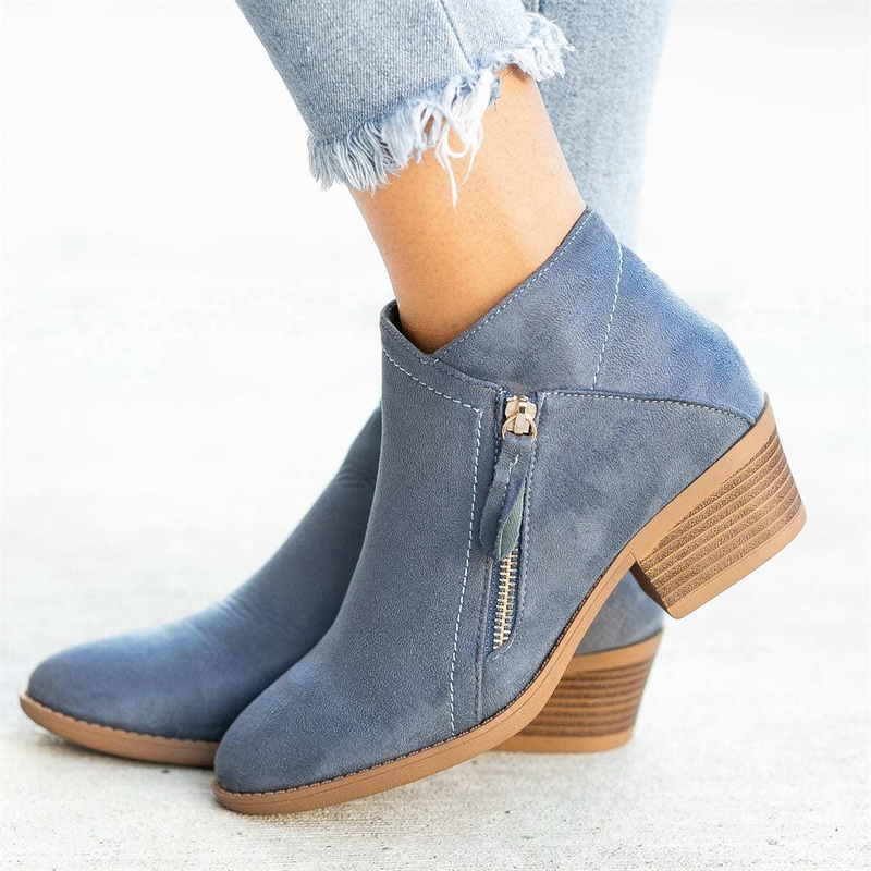2023 automne nouvelles bottes pour femmes européennes et américaines bout rond fermeture à glissière latérale talon épais bottes en cuir pour femmes grande taille mode couleur unie_voghion.com