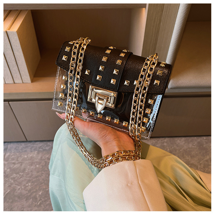 Borsa da donna trasparente con rivetto di tendenza transfrontaliera 2023 Borsa a tracolla semplice con catena New Chic estiva Borsa a tracolla all-match_voghion.com