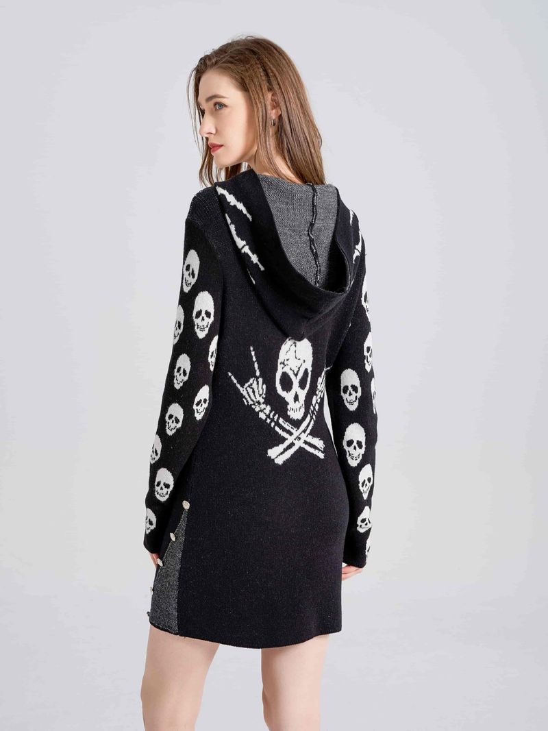 Punk-Pullover mit Kapuze, mittlere und lange Damenbekleidung, grenzüberschreitende Herbst- und Winteroberteile, gestrickter Totenkopfpullover im Gothic-Stil_voghion.com